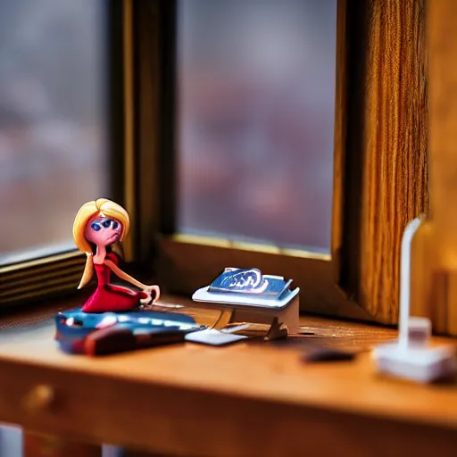 Prompt: vampire themed polly pocket toy set, sat on a wooden study desk in front of a glass window with light beaming over it like a spot light, god rays, dust particles, photorealistic, aesthetic shot, worms eye view, macro camera lens, high definition, thematic, cinematic, lens flare