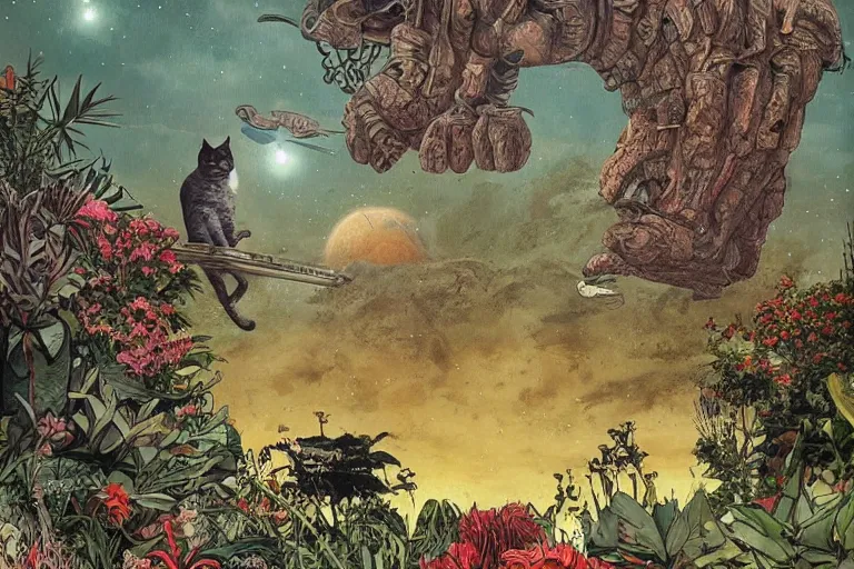 Prompt: gigantic cat floating in the space, a lot of exotic plants, trees, flowers, vintage sci - fi, newspaper grainy colors, flat surreal grainy design, super - detailed, painting by enki bilal and moebius, hd, 4 k, high quality