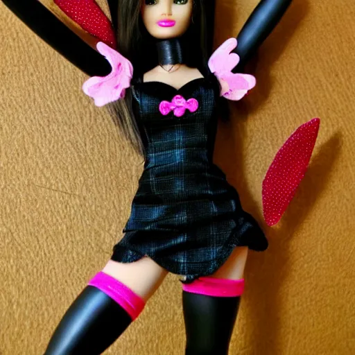 Image similar to barbie doll, black color, club suit, high heels, leather bunny costume bodysuit, playboy, rabbit ears, plaid tights, full length, raspberry banana color, lace