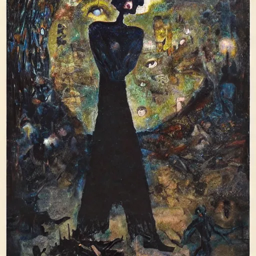 Prompt: by george luks, by vytautas kairiukstis formicapunk, myspace. a beautiful collage of a small figure standing in the center of a dark, foreboding landscape. the figure is surrounded by strange, monstrous creatures, & there is a feeling of unease & dread.