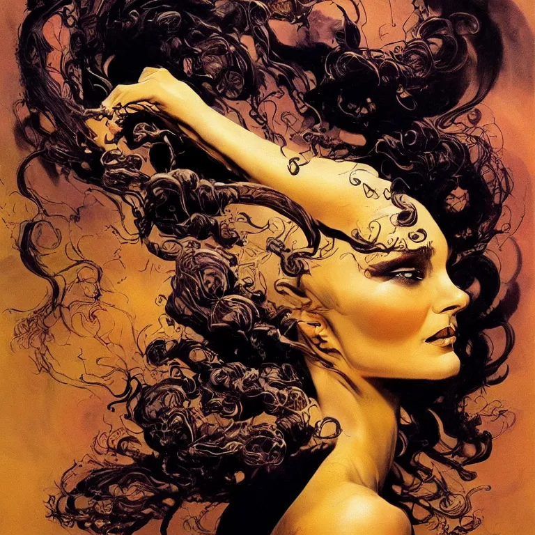 Image similar to portrait of a woman with swirling hair and fractal skin by frank frazetta, retrofuturism, psychedelic art reimagined by industrial light and magic