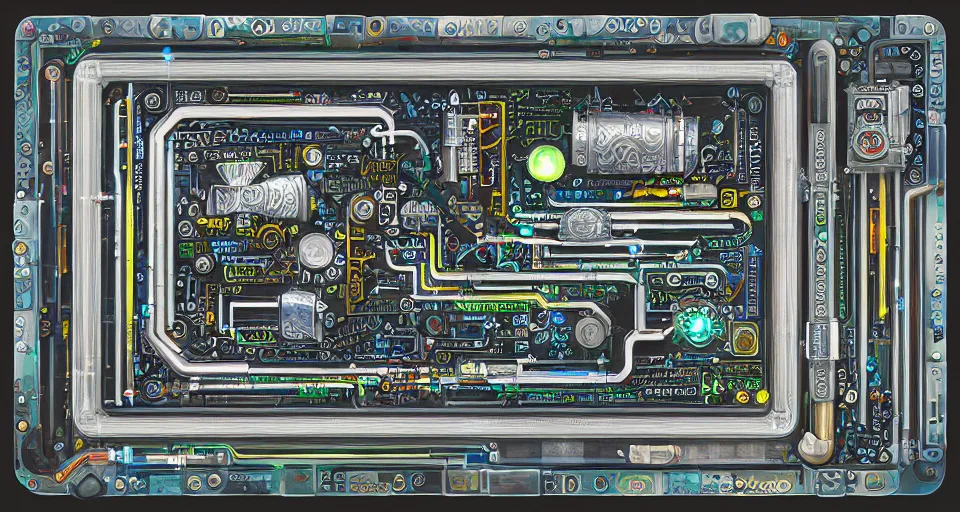 Prompt: product photography framing within an artificer's keep. digital paint krita render of a small square fantasy vacuum - tube motherboard made and powered by crystalline circuitry. trending on artstation. premium print by angus mckie