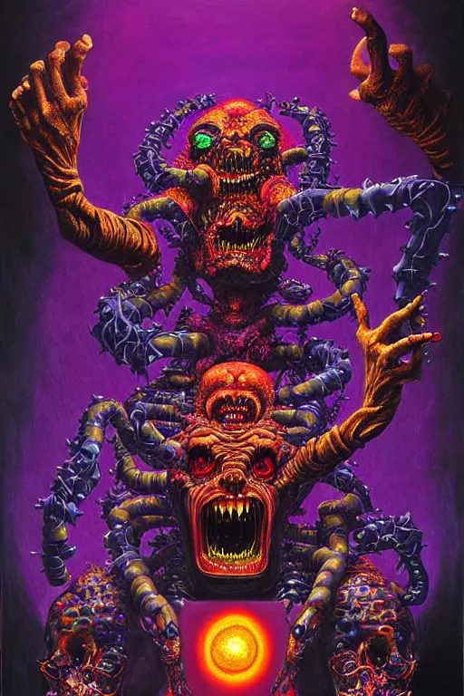 Image similar to a hyperrealistic painting of an epic boss fight against an ornate supreme telekinetic dark overlord, cinematic horror by chris cunningham, lisa frank, richard corben, highly detailed, vivid color,