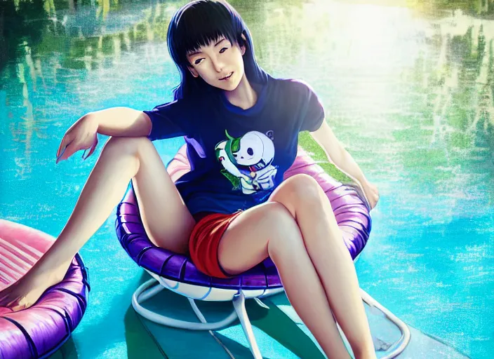 Prompt: closeup portrait of tsuyu asui from my hero academia relaxing in jeans and a t - shirt on a floating pool chair, sunny, bright, reflections, intricate, sharp focus, lens flare, bloom, illustration, highly detailed, digital painting, concept art, matte, art by ruan jia and wlop and greg rutkowski, masterpiece