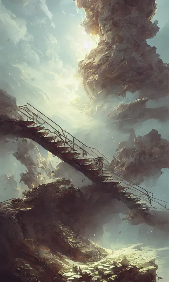 Image similar to endless stairs to universe, sky full of clouds, art by greg rutkowski and peter mohrbacher, featured in artstation, octane render, cinematic, elegant, intricate, ultra detailed, rule of thirds, professional lighting, unreal engine, fantasy, concept art, sharp focus, illustration, 8 k