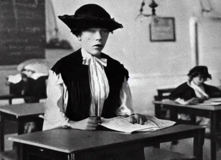 Image similar to A movie still of Lea Seydoux as school teacher in 1913 silent movie.