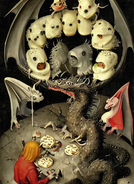 Prompt: dragon eating cakes by hieronymus bosch, detailed digital art, trending on Artstation