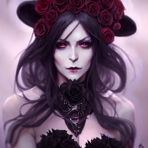 Image similar to beautifully dressed dark sorceress surrounded by black roses horns and skulls, cushart krenz, very detailed, realistic face, detailed face, matte, tonemapping, bbwchan, perfection, 4 k, cushart krenz