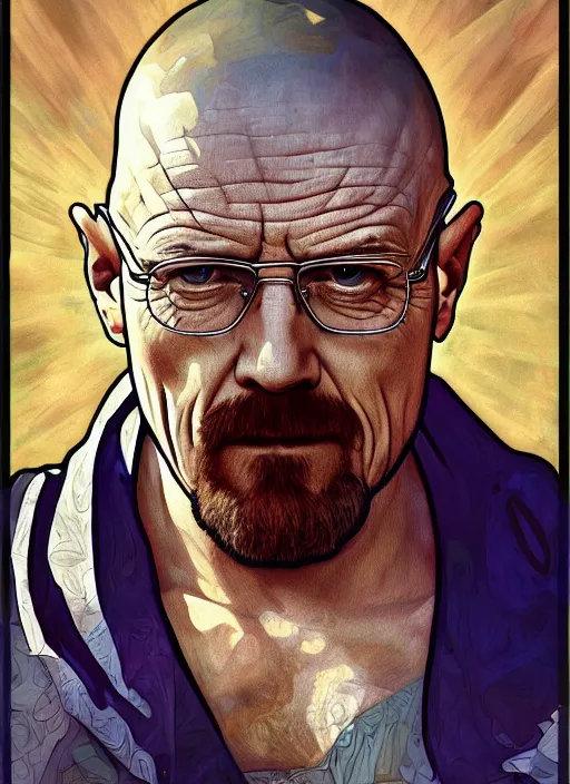 Image similar to Walter White as God of Blue Crystal Meth, brutal, epic, intricate, elegant, highly detailed, digital painting, 4k, HDR, concept art, smooth, sharp focus, illustration, art by alphonse mucha,artgerm, H R Giger