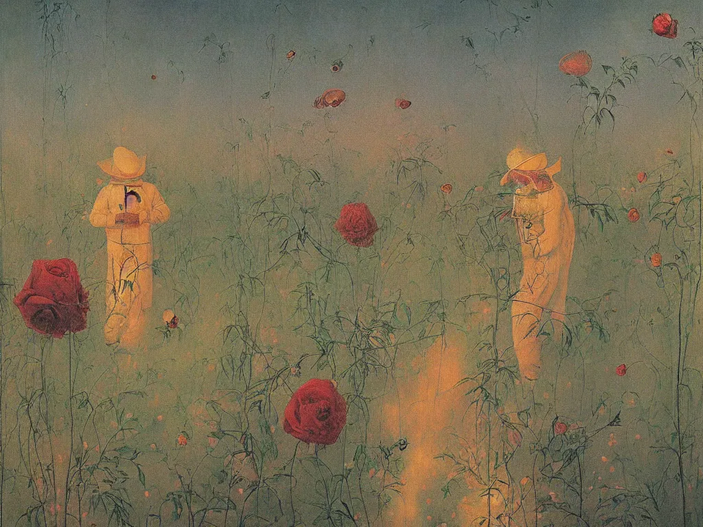 Prompt: man in white beekeeper suit with burning rose garden and small devil creatures. painting by mikalojus konstantinas ciurlionis, bosch, wayne barlowe, agnes pelton, rene magritte