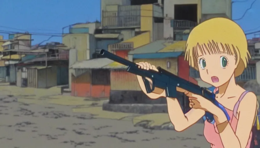 Image similar to 1 9 8 6 anime screencap of a girl with a gun on a rio de janeiro anime, by hayao miyazaki, studio ghibli, favela background extremely high quality artwork 4 k