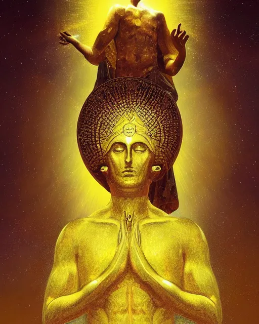 Image similar to the enigma god with a golden halo with forbidden knowledge by frank frazzetta