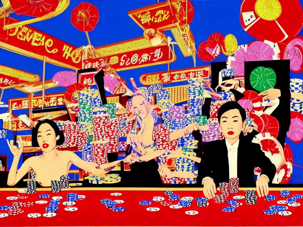 Image similar to hyper - realistic composition of a room in a casino with an extremely detailed poker table, croupier in traditional japanese kimono standing nearby fireworks in the background, pop art style, jackie tsai style, andy warhol style, acrylic on canvas