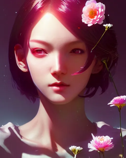 Image similar to perfect android girl, rose hair, cyborg, flowers, cinematic lighting, garden, beautiful girl, kim hyun joo, advanced technology, futuristic, art by ilya kuvshinov and akiko takase and eugene gottsnake and stanislav istratov and su fu and antoine collignon