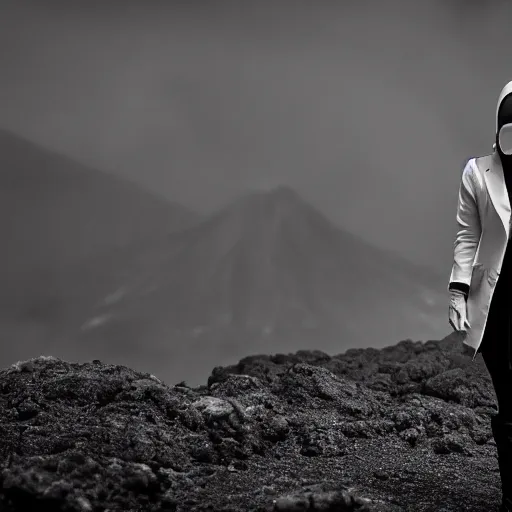 Prompt: agent woman with white suit, she wear gasmask, standing close to volcano, fire raining, professional photography, black and white, cinematic, eerie