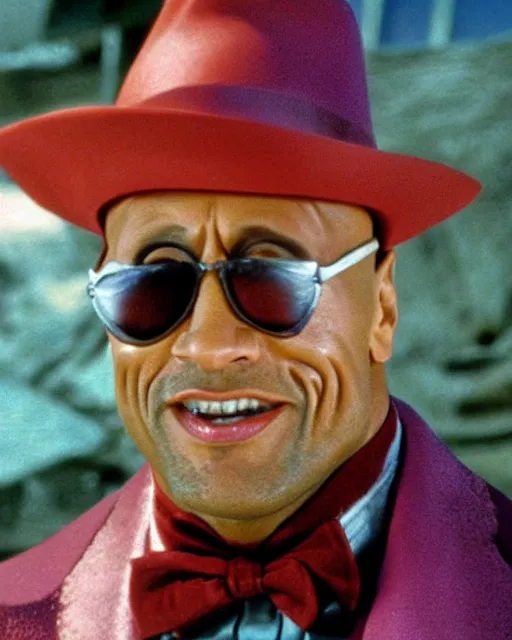 Image similar to Film still close-up shot of Dwayne Johnson as Willy Wonka from the movie Willy Wonka & The Chocolate Factory. Photographic, photography