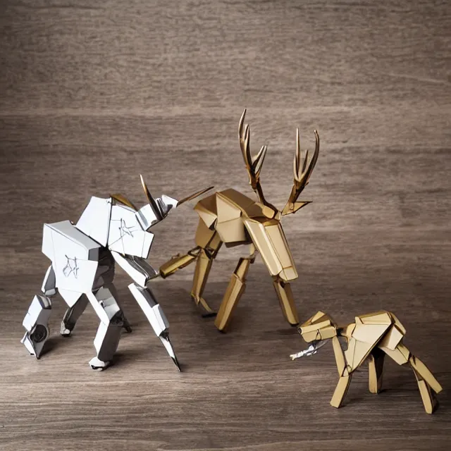 Image similar to a photograph of a deer origami and a robot mecha origami on top of a wooden table