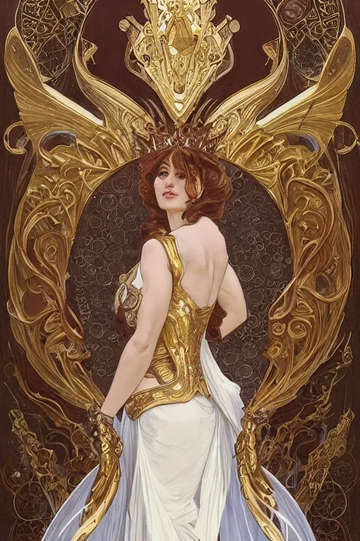 Prompt: full body portrait of a queen wearing white armor with ornate bronze and gold, white gossamer wings, art nouveau, profile, 4K, character concept art, digital painting, illustration, oil painting, trending in artstation, cgsociety, by nekro, Alphonse Mucha, Artgerm, Greg Rutkowski, Brom and Magali Villeneuve, William-Adolphe Bouguereau