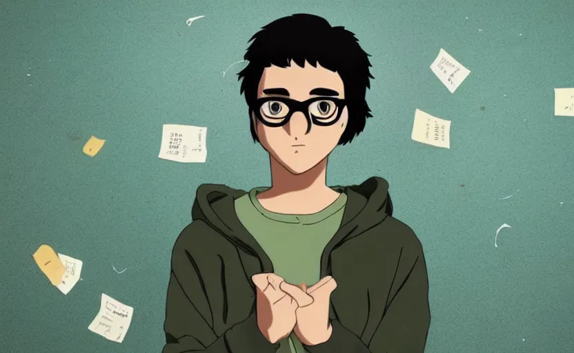 Prompt: a black haired teen! with glasses! and a olive colored hoodie floating in the middle of the space with papers floating around him by studio ghibli!, full body, dramatic lighting