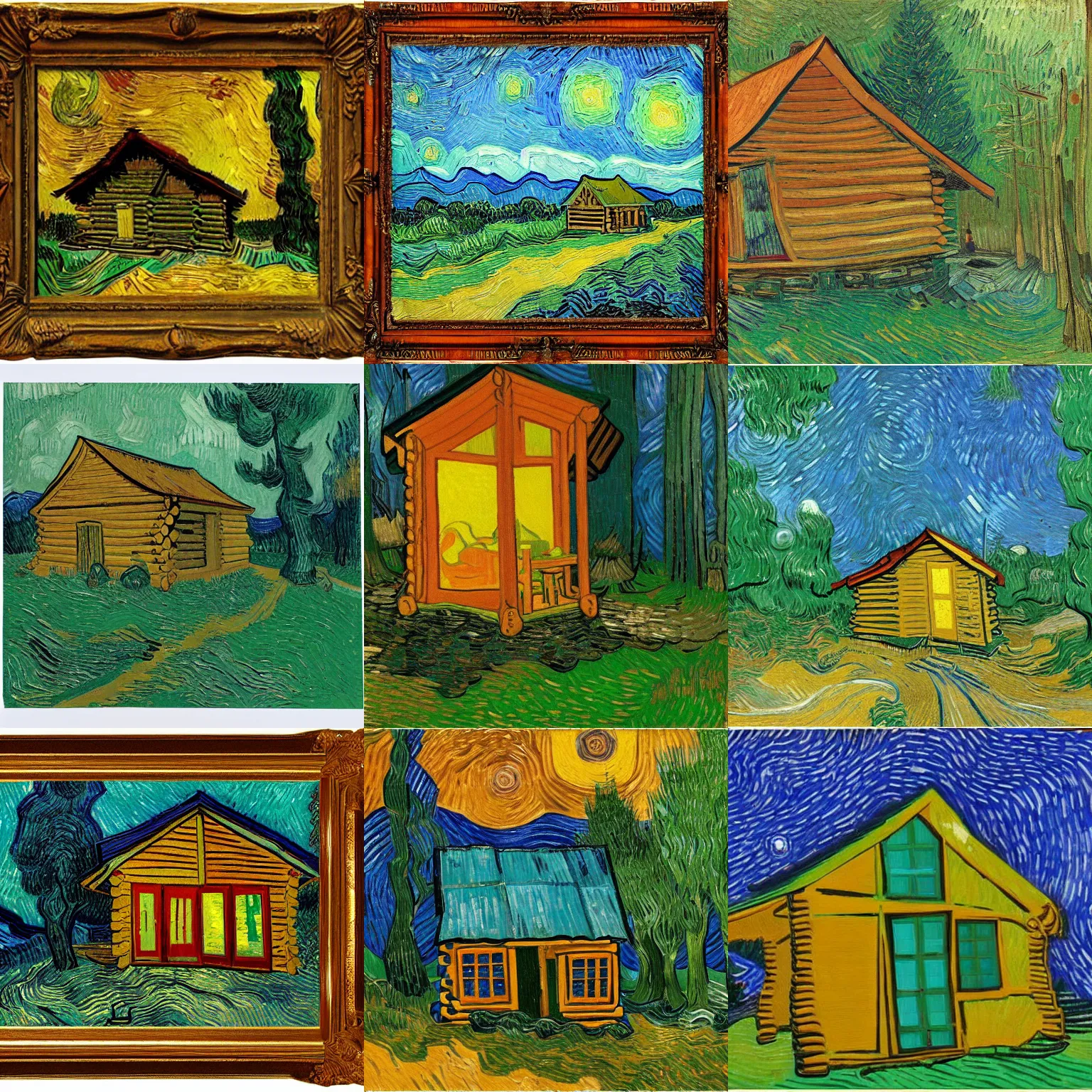 Prompt: [ a log cabin in the forest ] [ van gogh ] [ studio ]