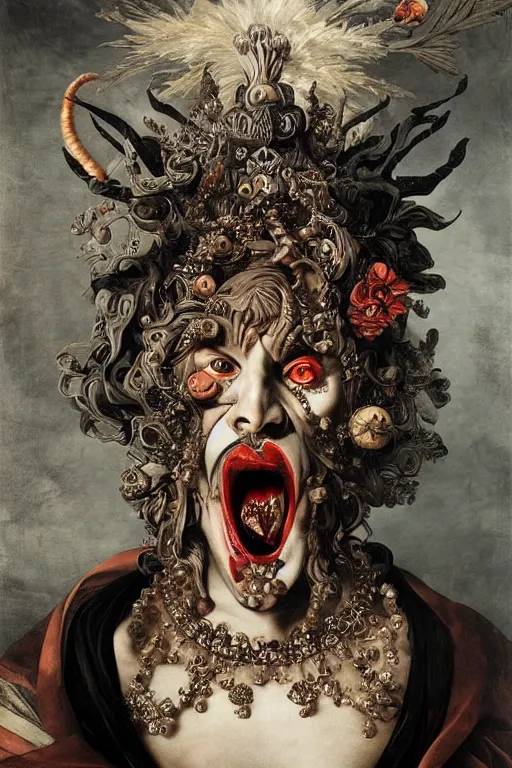 Image similar to Detailed maximalist portrait a Greek god with large white eyes and an angry face, HD mixed media 3d collage, highly detailed and intricate, surreal illustration in the style of Caravaggio, dark art, baroque