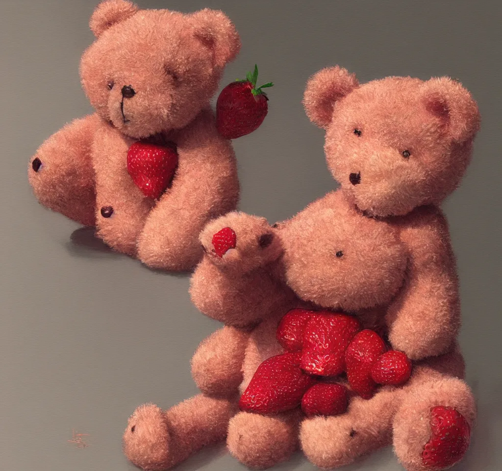 Image similar to digital art hyper realism studio lighting strawberry teddy bear