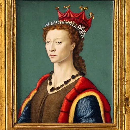 Image similar to a renaissance style portrait painting of an animal, wearing a crown and cape, dark background