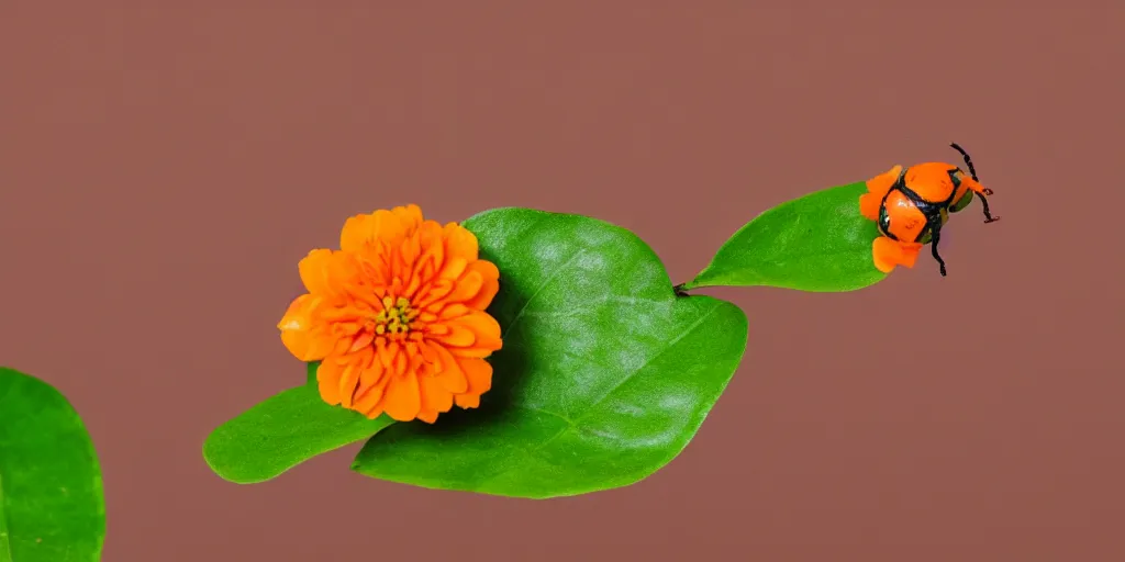 Image similar to a close up photo of an orange colored flower, a single green leaf is coming out of the flowers stalk, a tiny beetle is walking on the leaf, high resolution macro image 35mm
