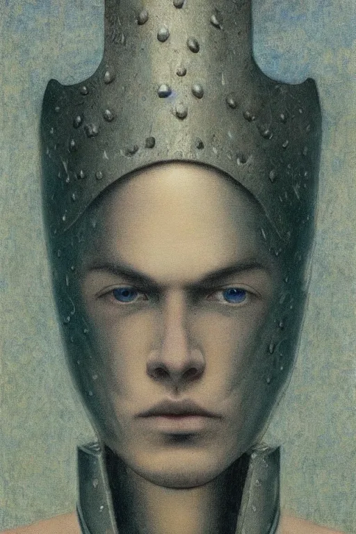 Image similar to portrait of beautiful gothic and futuristic young man, warcpace, cyber and rocks armor, a lot of more and more scars, thunderstorm, blueack with white head, the middle ages, highly detailed, artstation, illustration, more and more composision, 8 k quality, art by jean delville, rene magritte