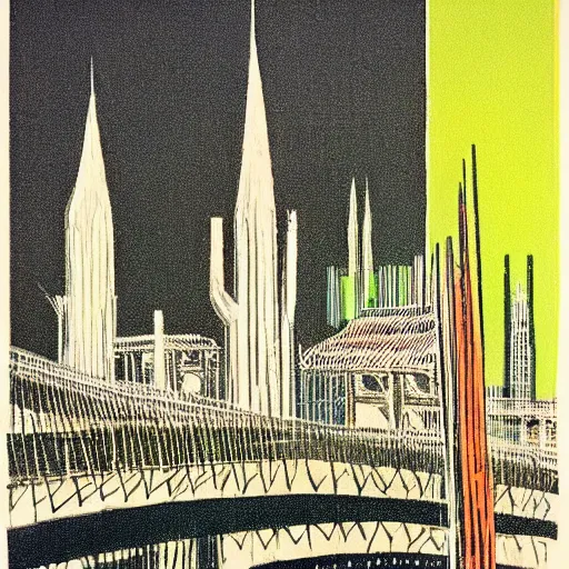 Prompt: 1 9 7 0 s grainy vintage illustration by norman bluhm. a beautiful illustration of a cityscape with tall spires & delicate bridges.