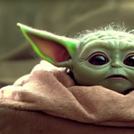 Image similar to a film still of baby yoda as a adult dying in battle in star wars realistic, detailed