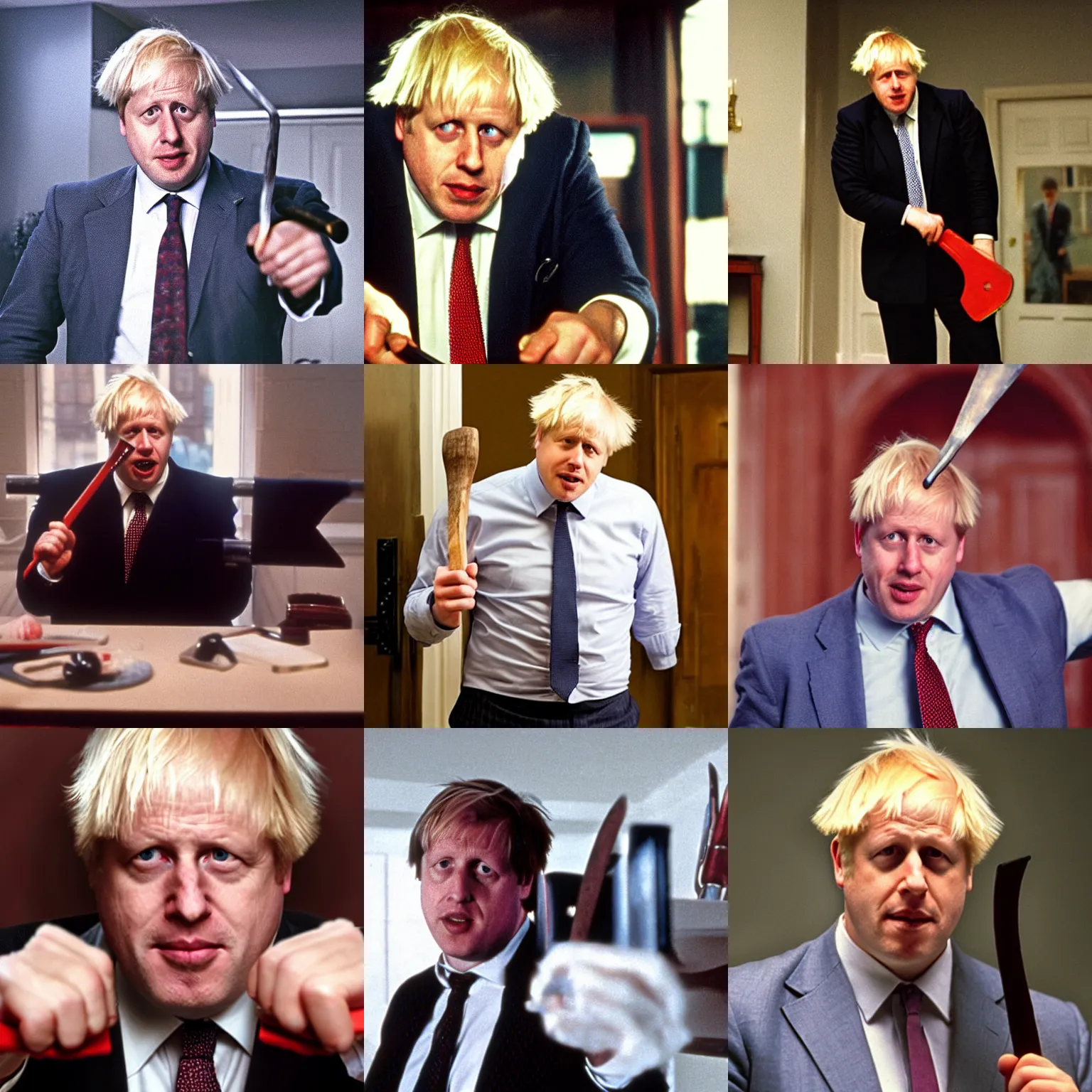Prompt: boris johnson with axe in american psycho movie