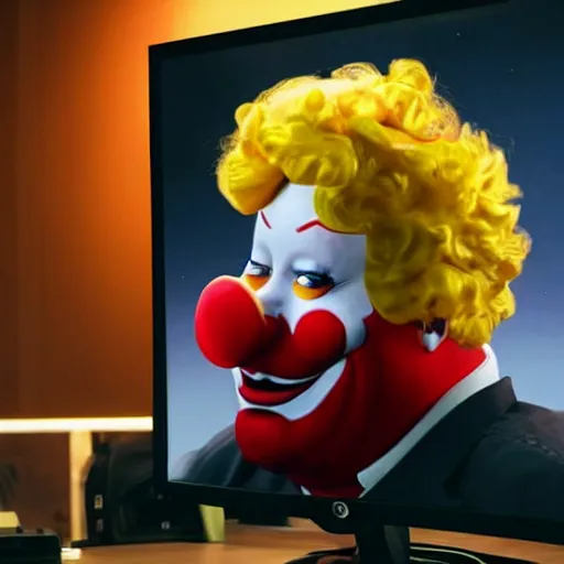 Image similar to obese Ronald Mcdonald wearing a headset yelling at his monitor while playing WoW highly detailed wide angle lens 10:9 aspect ration award winning photography by David Lynch esoteric erasure head