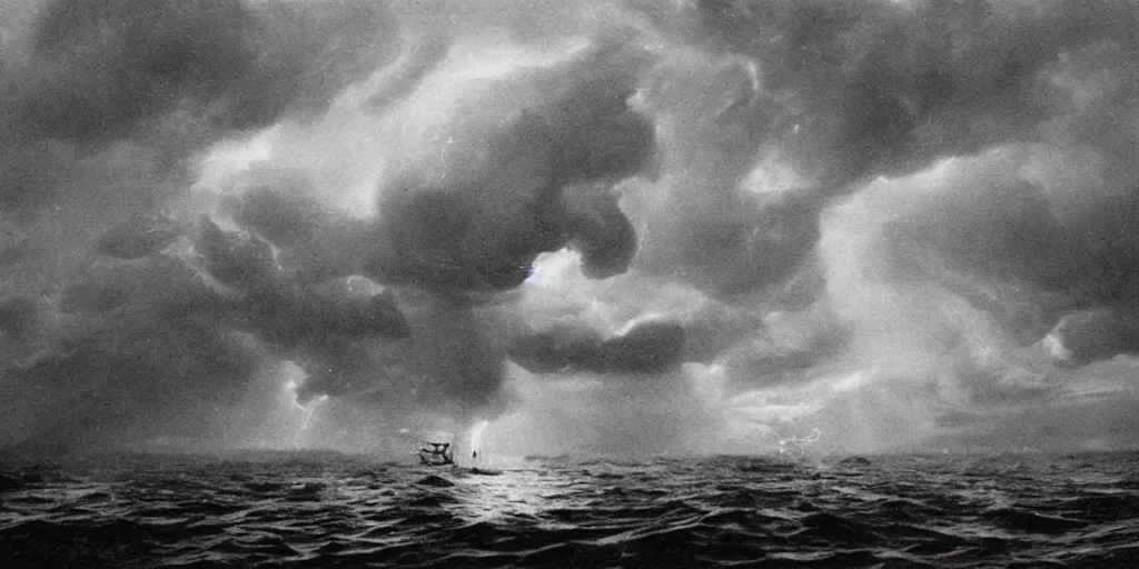 Image similar to a boat sailing in a thunderstorm where the clouds look like skulls, 1 9 0 0 s photograph