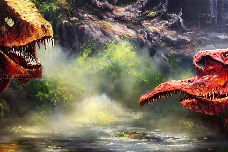 Image similar to highly detailed oil painting of a tyrannosaurus rex in a steaming colorful hotspring stream, featured on artstation