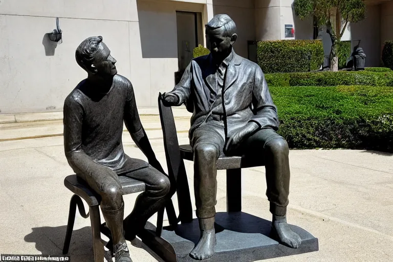 Image similar to a man who is sitting upright in a chair is touching a completed statue