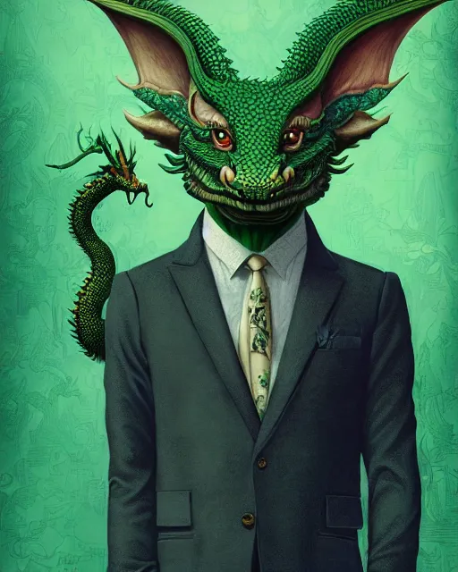 Prompt: anthropomorphic art of a businessman dragon, green dragon, portrait, regency inspired clothing by artgerm, victo ngai, ryohei hase, artstation. fractal papers, newspaper. stock certificate, highly detailed digital painting, smooth, global illumination, fantasy art, jc leyendecker