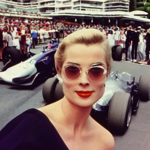 Image similar to selfie smartphone photo of a young Grace Kelly at the Monaco Gran Prix, F1 cars blurred in background, iphone photo, smartphone resolution, low resolution camera