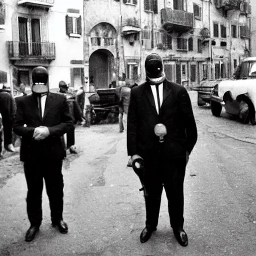 Prompt: 8 k uhd photos from italian mafia associations ( circa 1 9 6 0 ), some of them use gas masks, uhd details