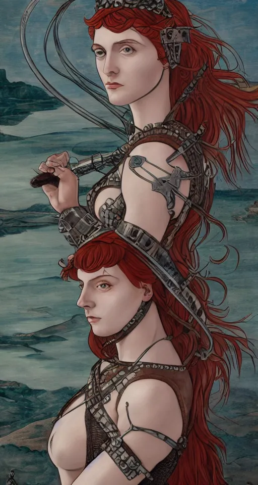 Image similar to boudica the barbarian queen, in a mixed style of Botticelli and Æon Flux, inspired by pre-raphaelite paintings and shoujo manga, a misty moor landscape in the background, hyper detailed, stunning inking lines, flat colors, 4K photorealistic