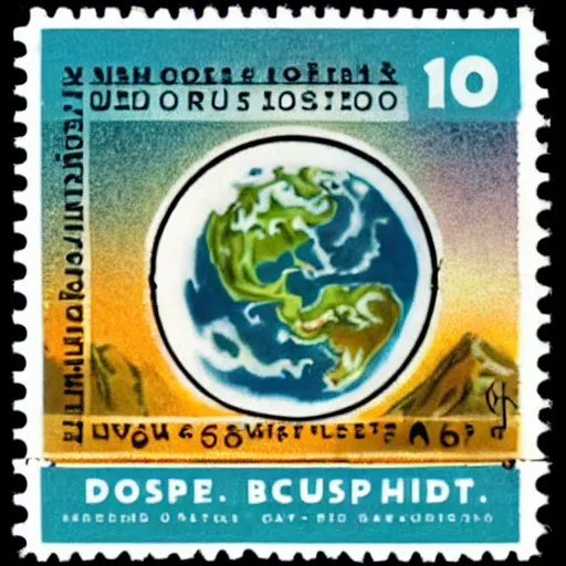 Prompt: a picture of a the Earth on a postage stamp from the 1940s