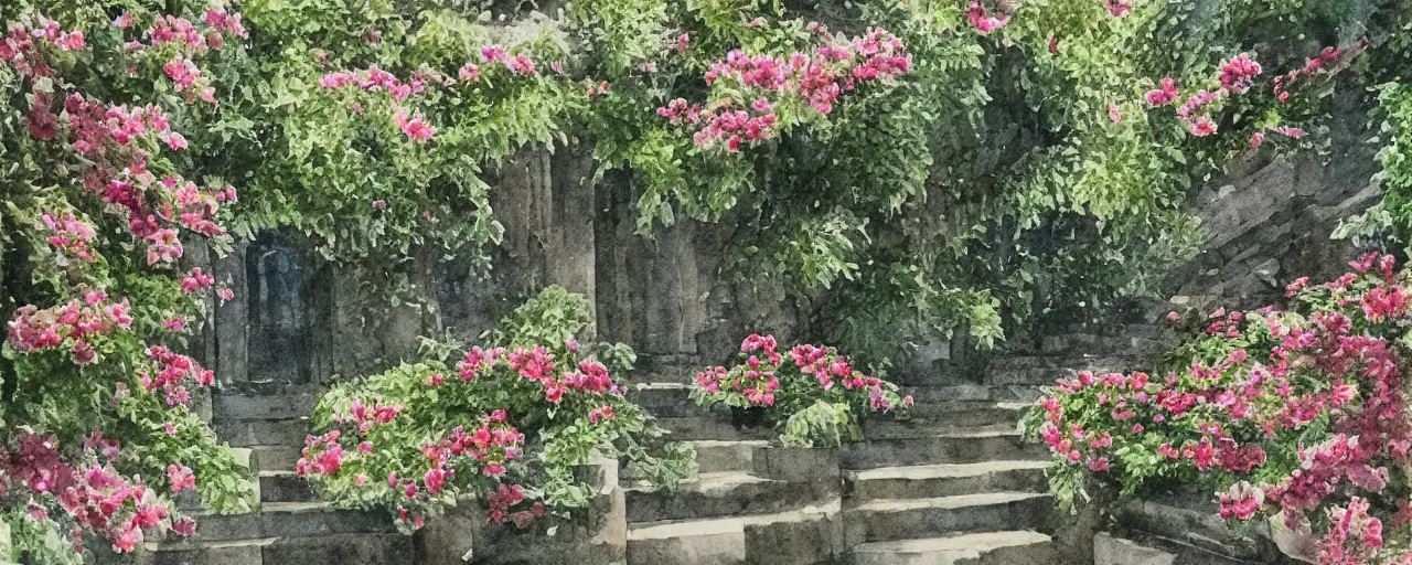 Image similar to isomeric view, stairway, delicate water in a botanic garden, garden road, sparrows, temple in a botanical herbarium paper, watercolor colored painting, iridescent colors, 8 k, realistic shaded, fine details, artstation, italian style, colonnade, flowers, architecture, roma