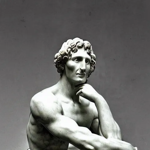 Image similar to “1800s era photograph of Michelangelo sculpting marble statue of Matthew McConaughey, hyperrealistic, hd, faded, cracked, stained”