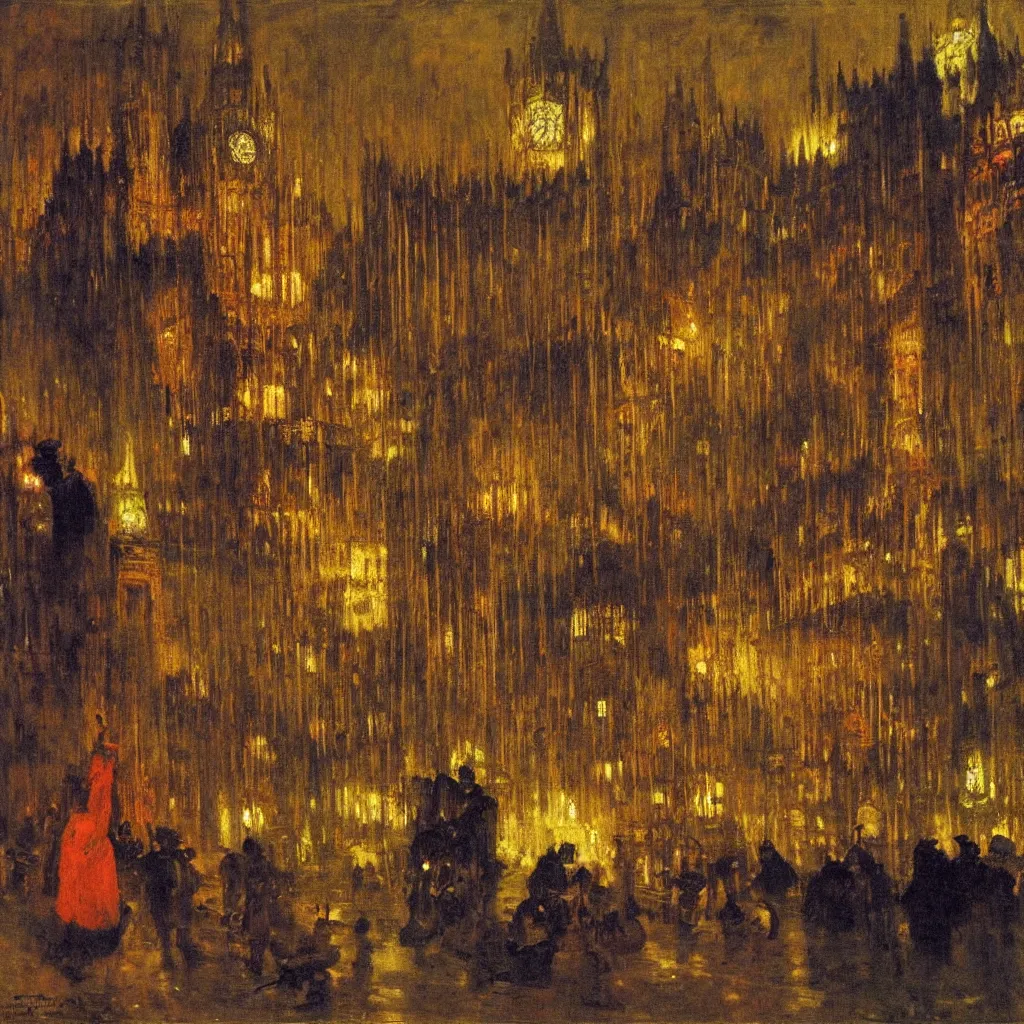 Image similar to the houses of parliament, menacing lighting, 1915, brightly colored highly detailed oil on canvas, by Ilya Repin