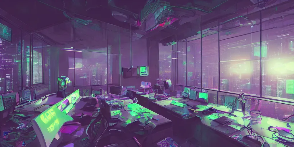 Image similar to neon office with windows outlooking the moon cyberpunk, hyper detailed, artstation, 8k