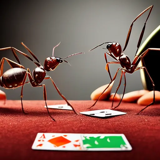 Prompt: an award - winning macro photo of two ants playing poker together,