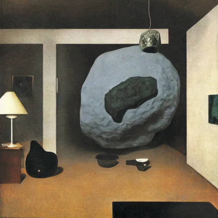 Image similar to the giant boulder, dark obsidian rock of ages filling up the interior of a mid - century modern home. painting by hammershoi, karel thole, bonnard, bekinski