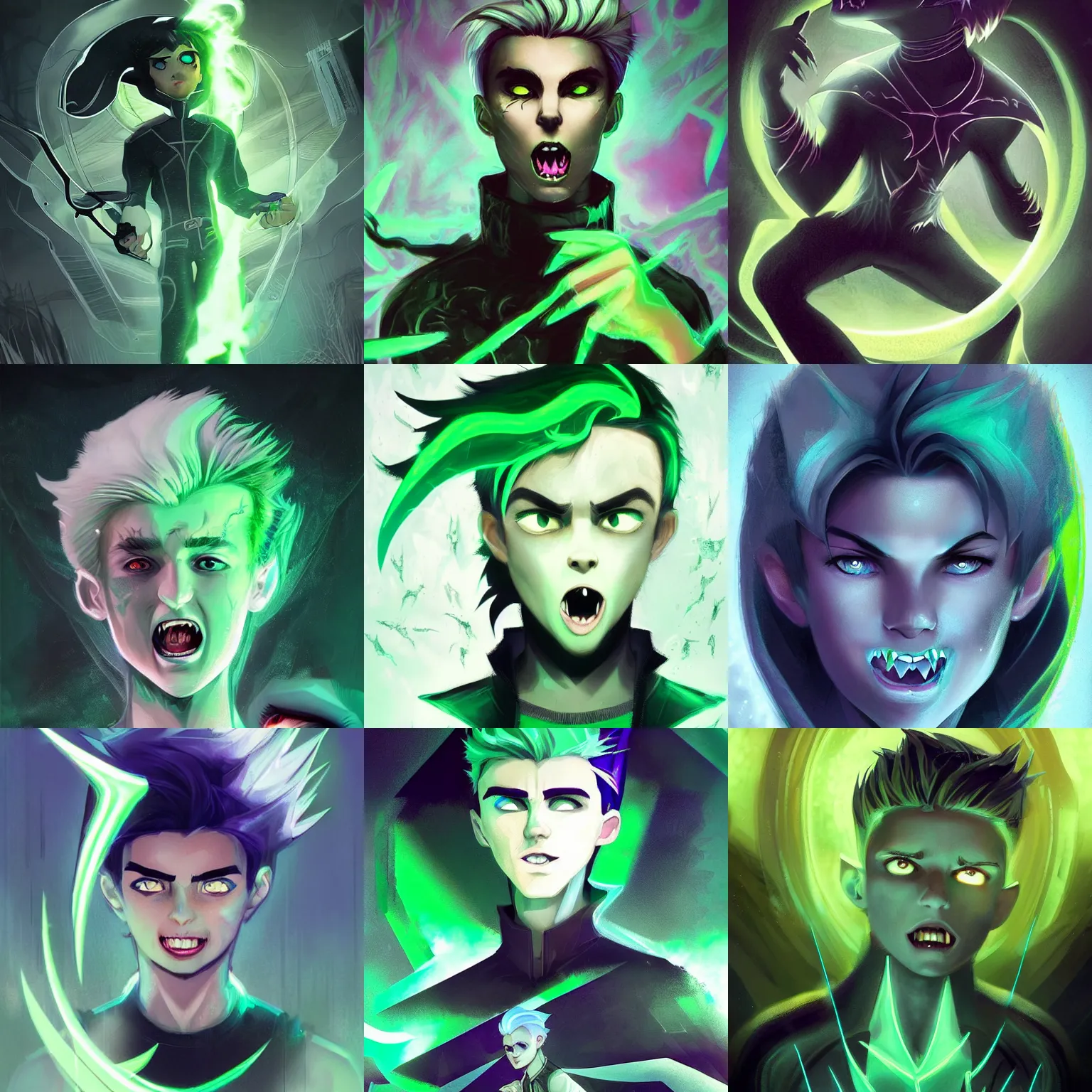 Prompt: A digital matte intricate illustration concept art of young Danny phantom with snow white hair and glowing green eyes, razor sharp pointy vampire sharp teeth fangs alt art fashion inspired art by Charlie Bowater and WLOP and Mark Arian and Ross Tran + neon colors, symmetry , intricate complexity, epic composition, magical atmosphere, highly detailed, cinematic lighting + masterpiece, trending on artstation + 8k