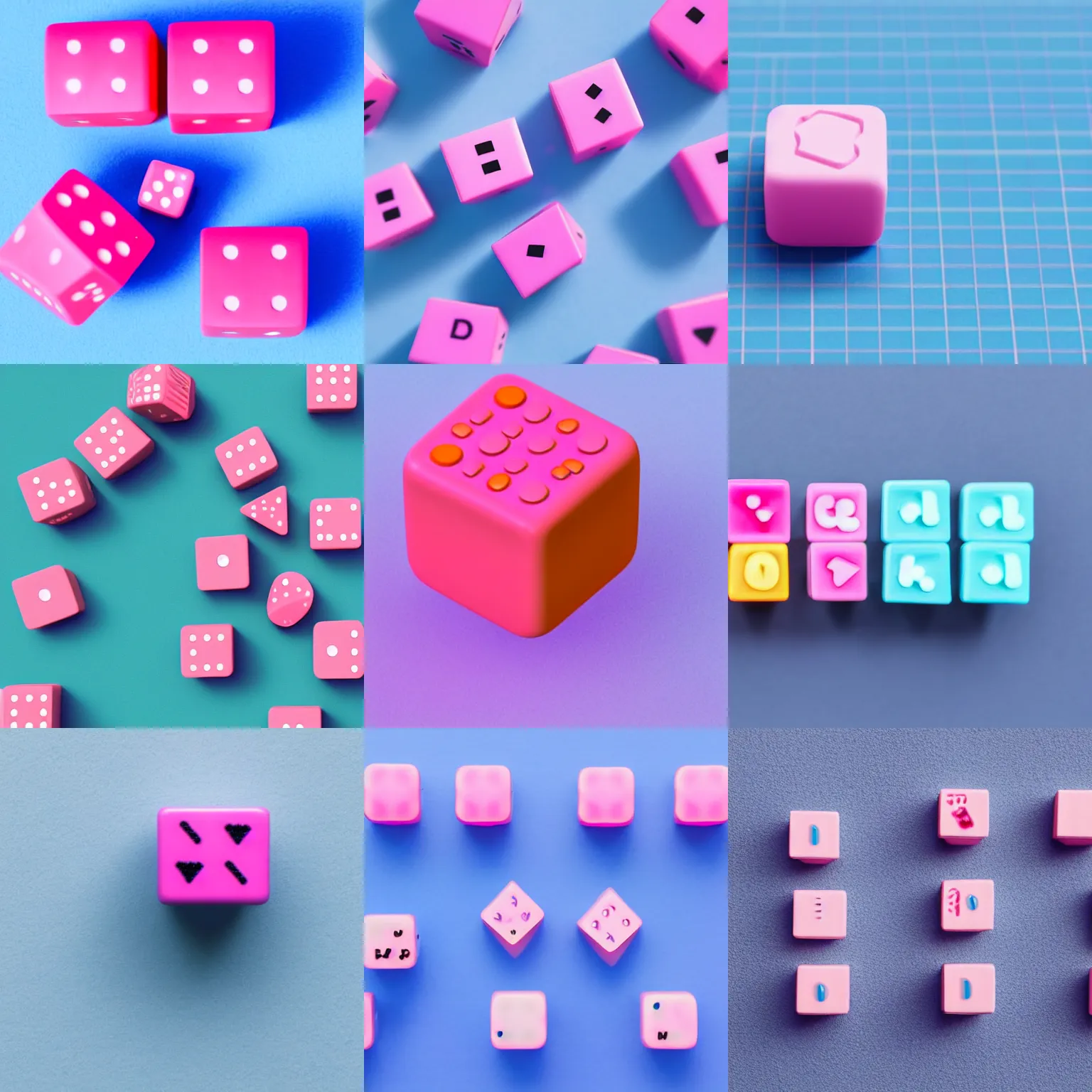 Prompt: Very tiny pink dice that looks like a iOS emoji 3D clay render, 4k UHD, light blue background, isometric top down left view, diffuse lighting, zoomed out very far