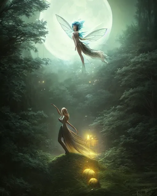 Image similar to attractive fairy goddness fly high in the night, d & d, fantasy, mist, full moon in background, trees, hyper detailed, art by artgerm and greg rutkowski and magali villeneuve, midium shot, 8 k realistic, cryengine, digital painting, trending on artstation, concept art, sharp focus, illustration,